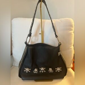 Raviani Black Shoulder Bag w Silver Skulls & Silver Embellishments RETAIL $1250